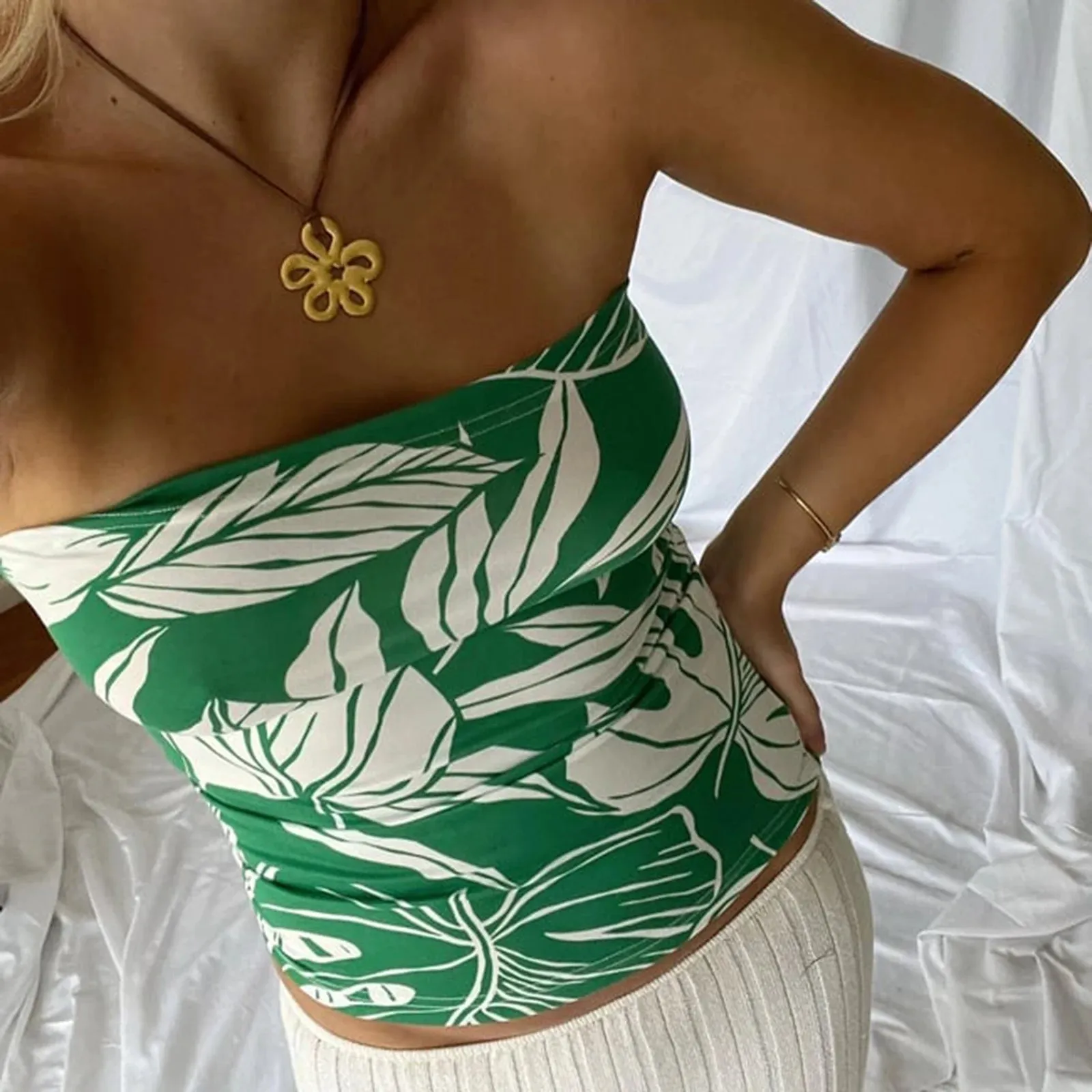 TAVIMART  -  Fashion Women Tube Tops Flower Leaves Print Boat Neck Strapless Tops Tank Tops Summer Backless Bandeau Shirts Streetwear