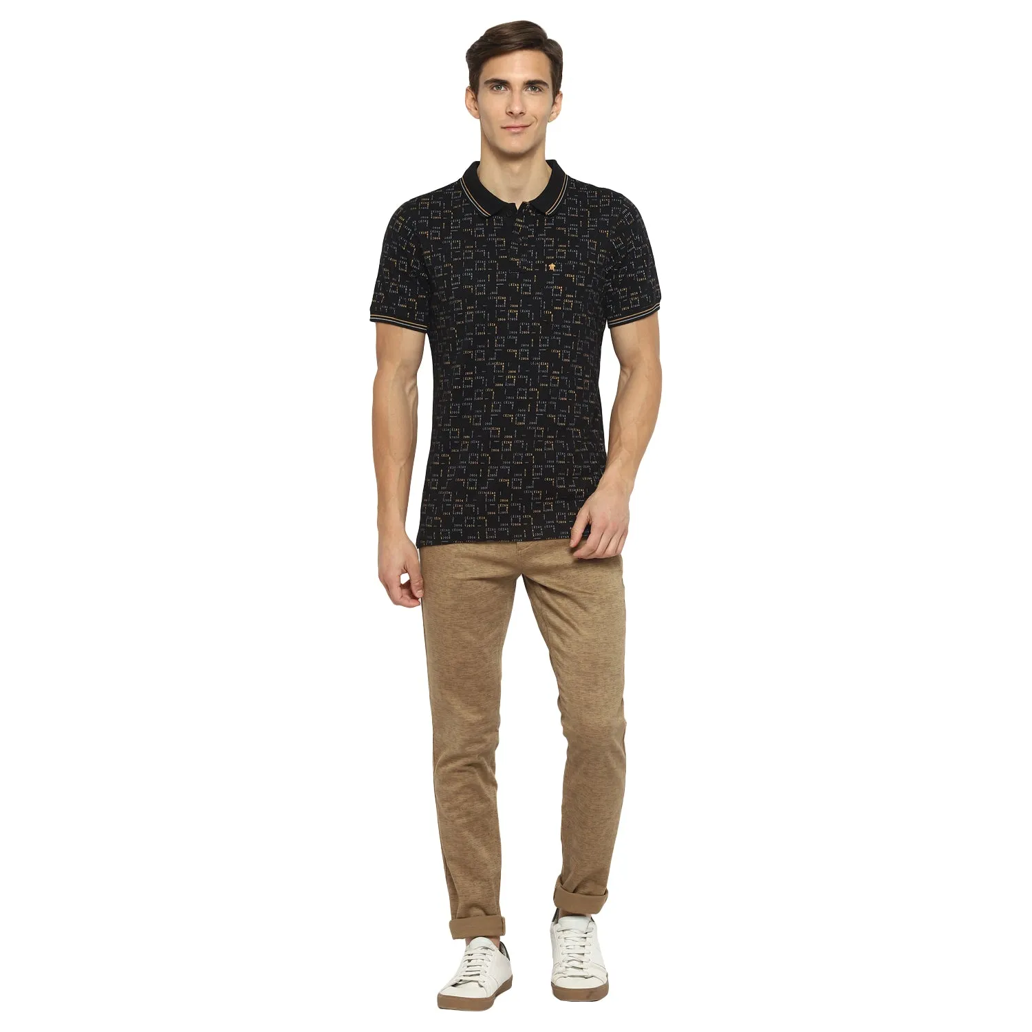 Turtle Men Black Printed Polo Neck T-Shirts