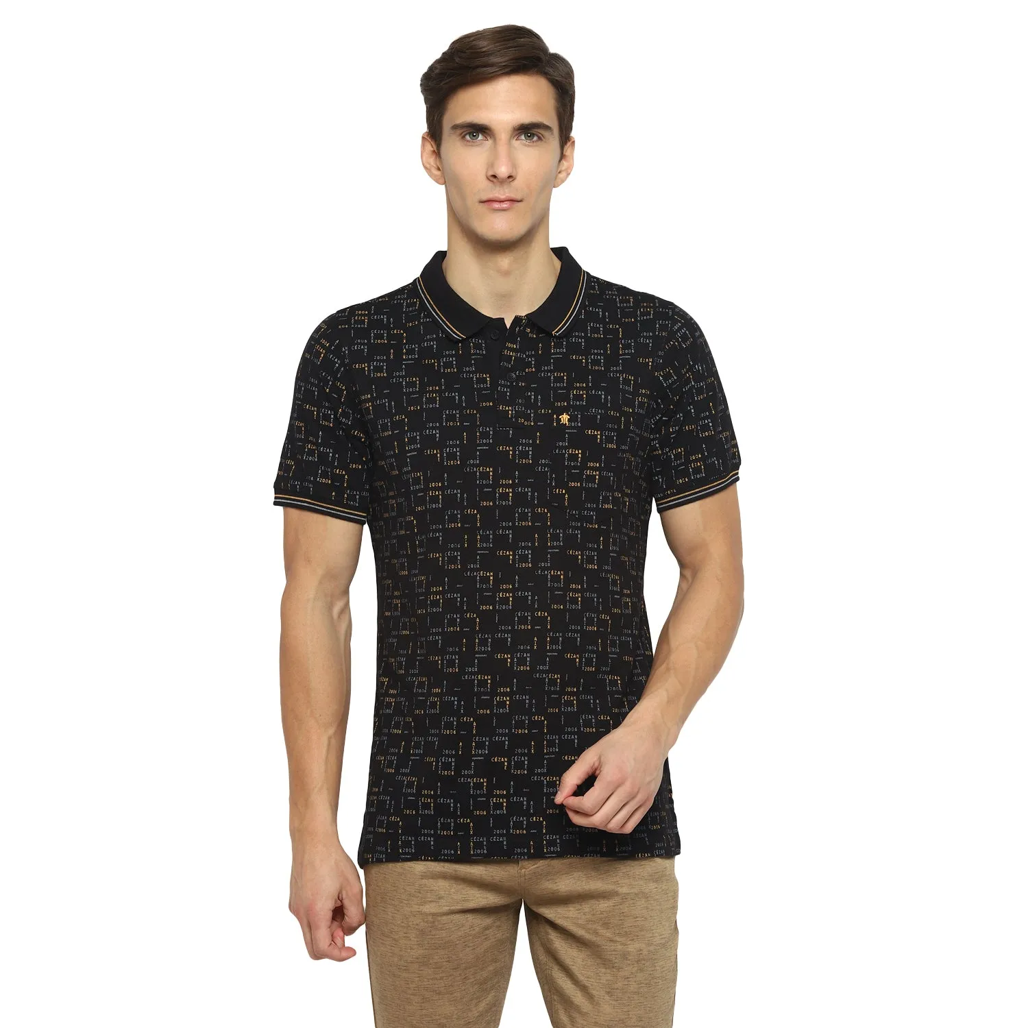 Turtle Men Black Printed Polo Neck T-Shirts