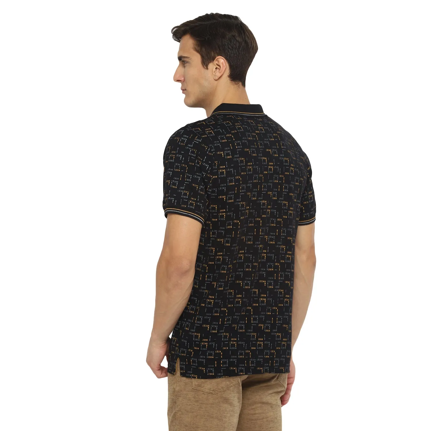 Turtle Men Black Printed Polo Neck T-Shirts