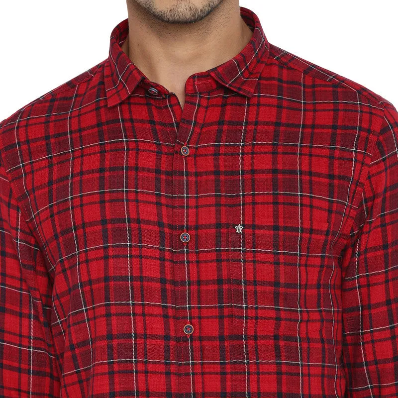 Turtle Men Cotton Blend Red Slim Fit Checkered Shirts