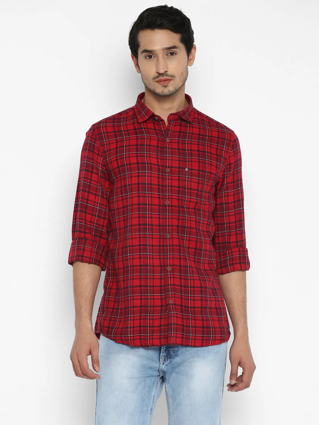 Turtle Men Cotton Blend Red Slim Fit Checkered Shirts