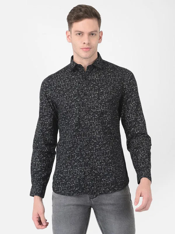 Turtle Men Cotton Linen Black Slim Fit Printed Shirts