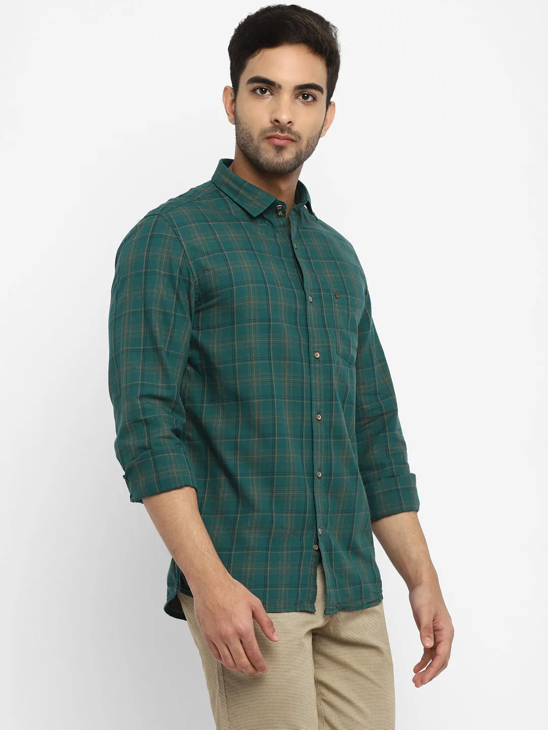 Turtle Men Teal Cotton Checked Slim Fit Shirts