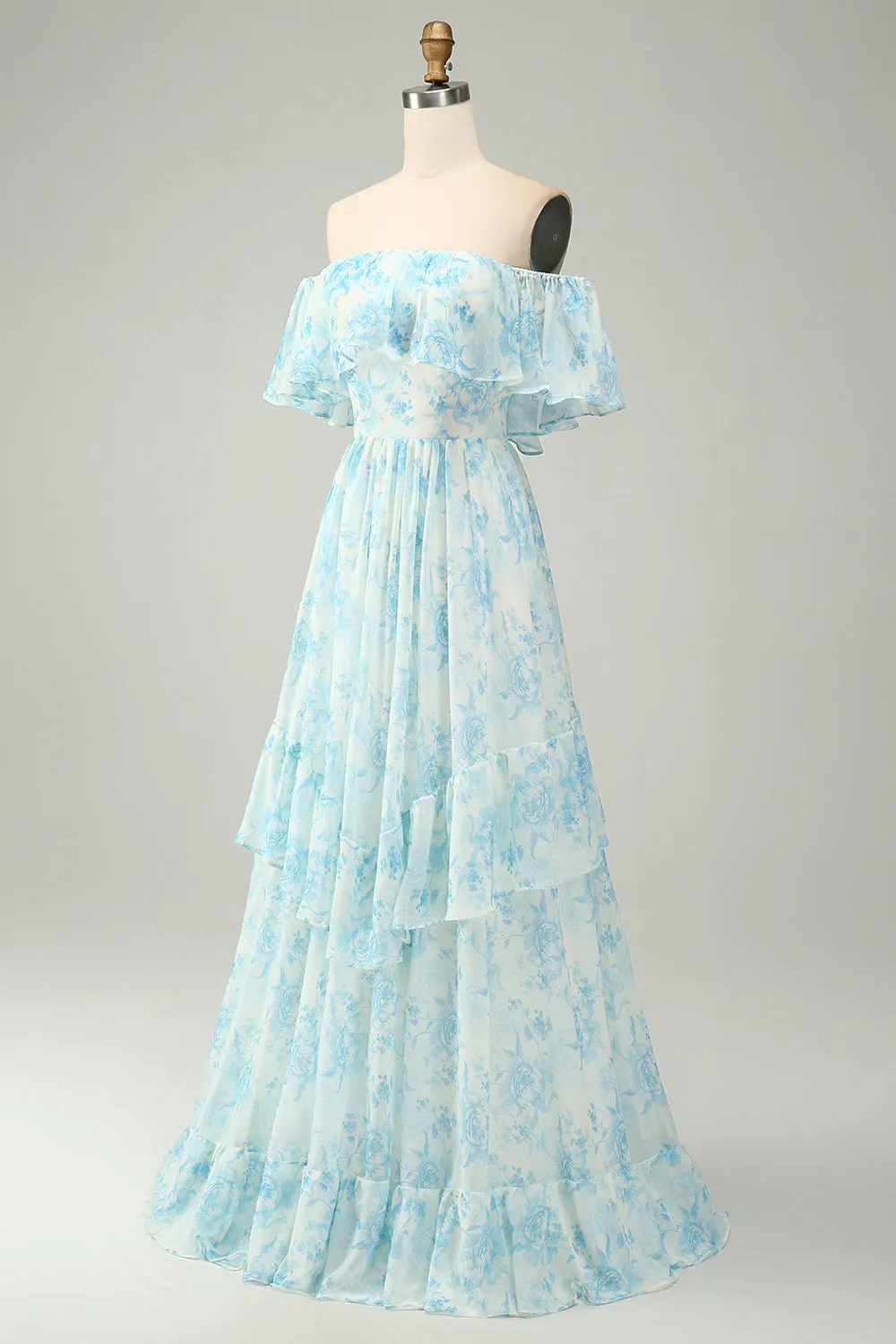 White Blue Floral Off the Shoulder Tiered Maxi Dress