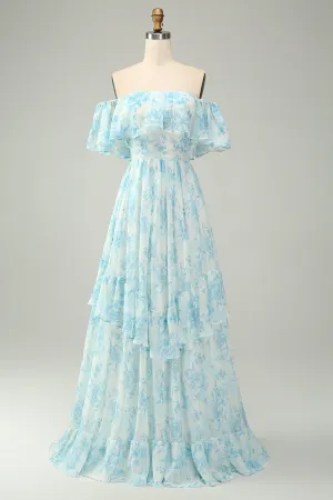 White Blue Floral Off the Shoulder Tiered Maxi Dress