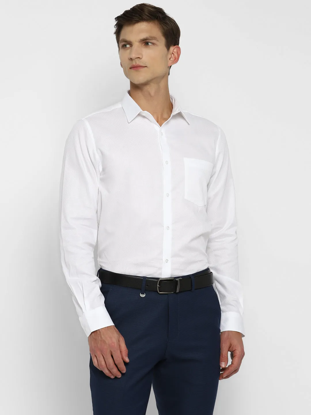 White Self Design Cotton Slim Fit Shirts