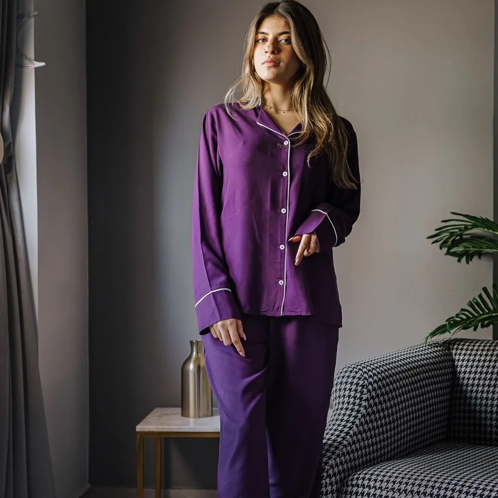 Women summer pajama set Purple buttoned shirt   Pants