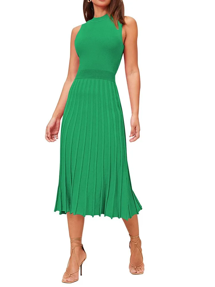 Women's Knit Tank Dresses Vacation Sleeveless Ribbed Swing Party Midi Dresses