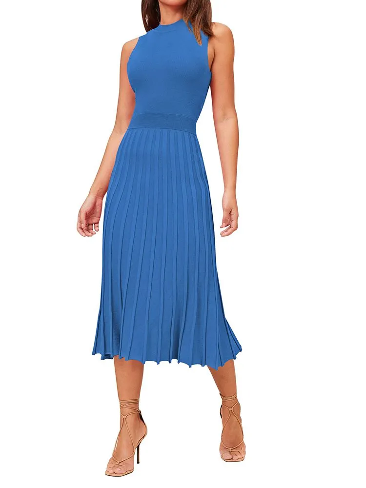 Women's Knit Tank Dresses Vacation Sleeveless Ribbed Swing Party Midi Dresses