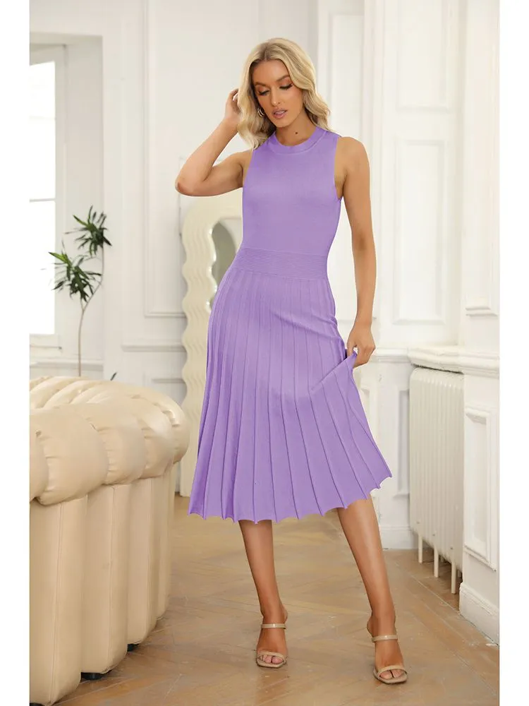 Women's Knit Tank Dresses Vacation Sleeveless Ribbed Swing Party Midi Dresses