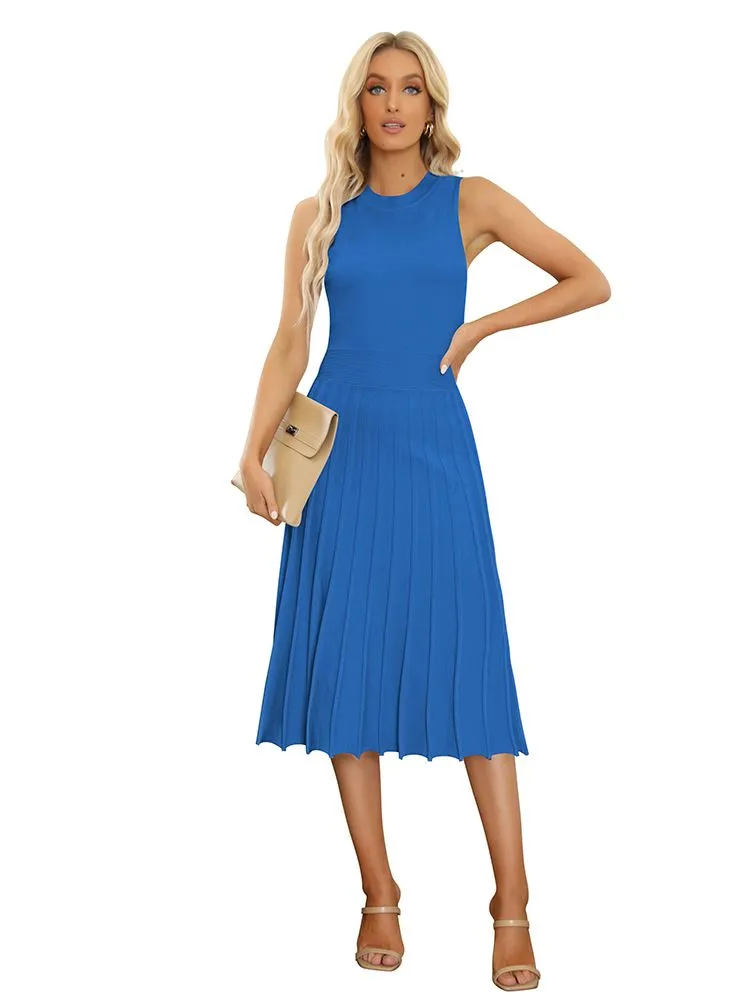 Women's Knit Tank Dresses Vacation Sleeveless Ribbed Swing Party Midi Dresses