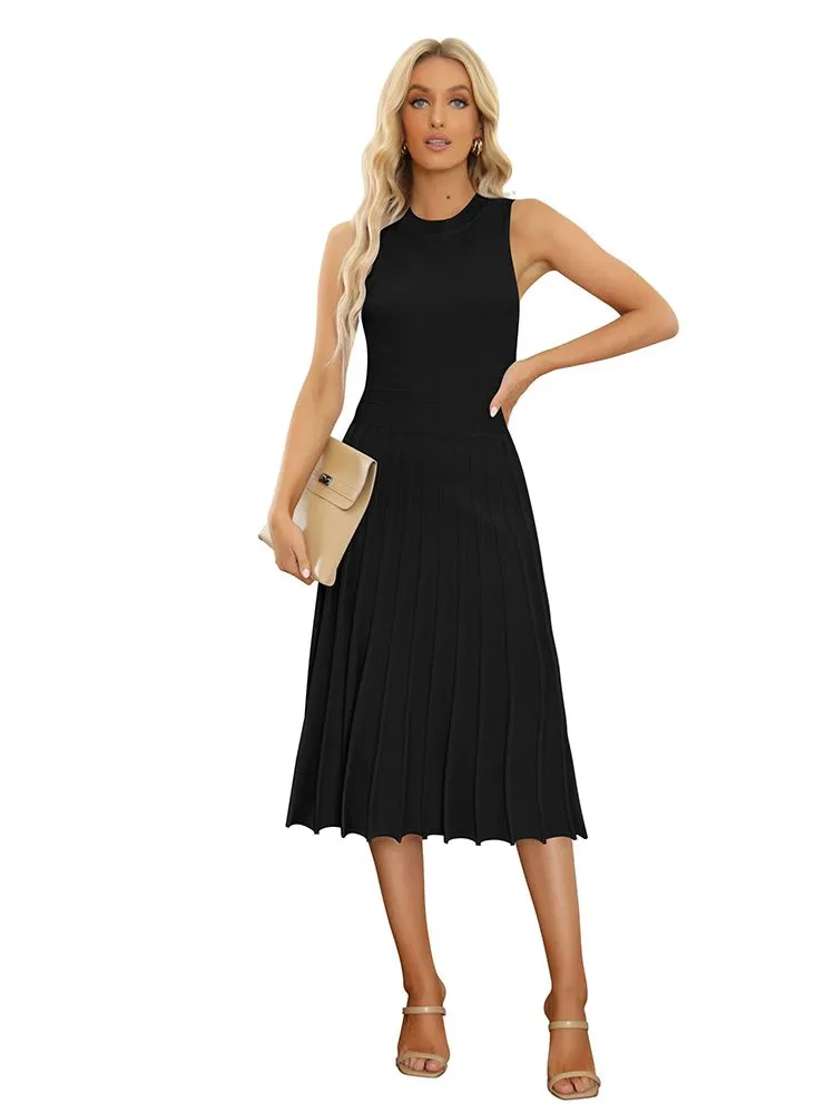 Women's Knit Tank Dresses Vacation Sleeveless Ribbed Swing Party Midi Dresses