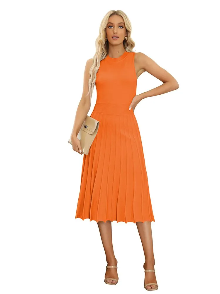 Women's Knit Tank Dresses Vacation Sleeveless Ribbed Swing Party Midi Dresses