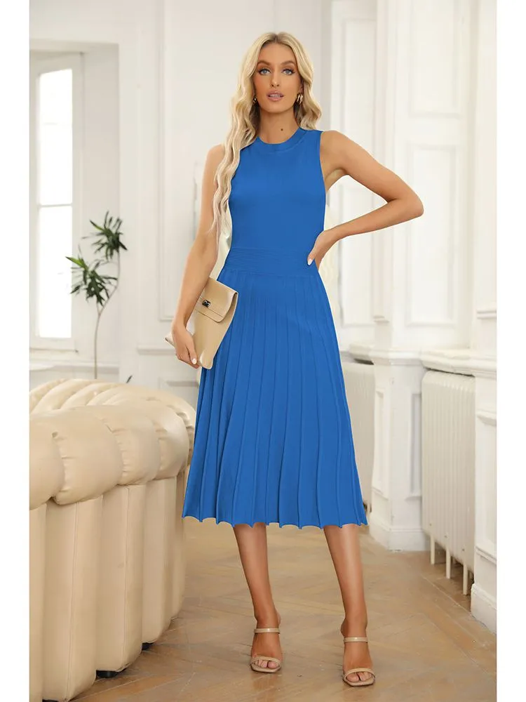 Women's Knit Tank Dresses Vacation Sleeveless Ribbed Swing Party Midi Dresses